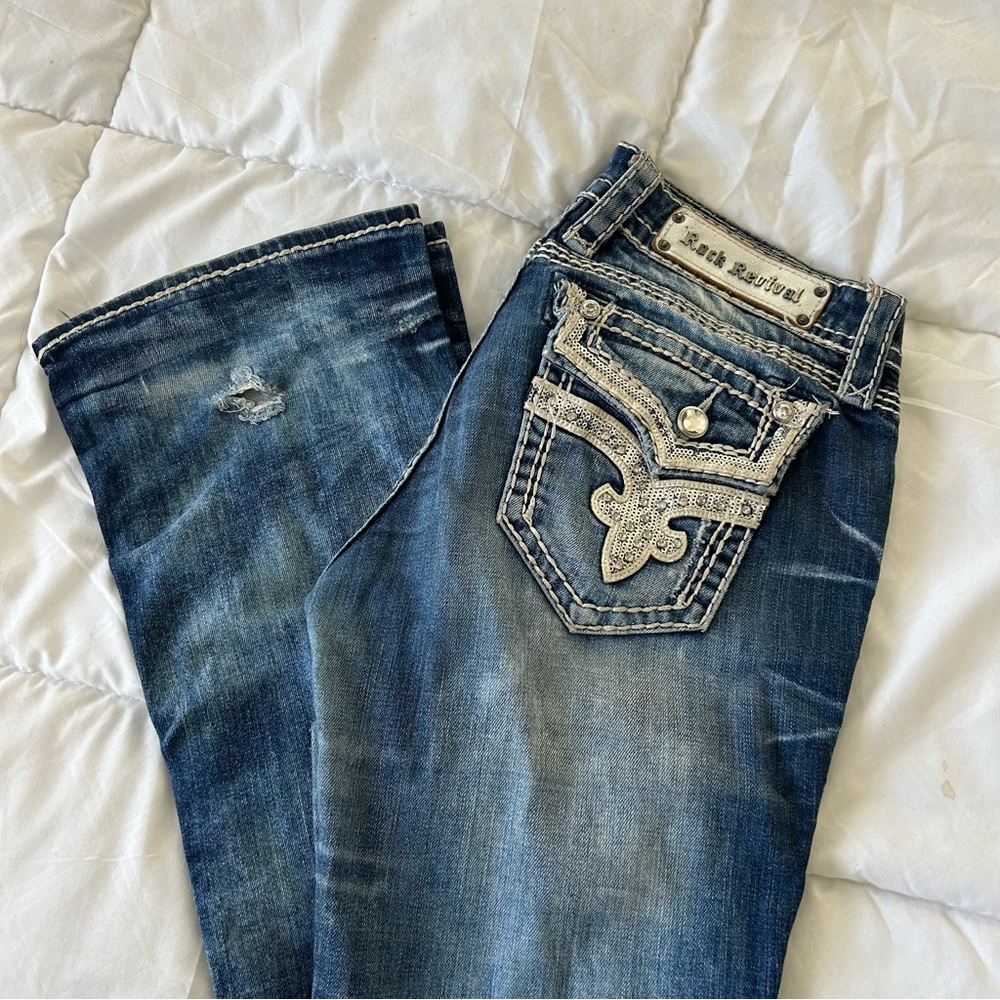 Rock Revival Buckle ripped bootcut jeans blue denim size 28